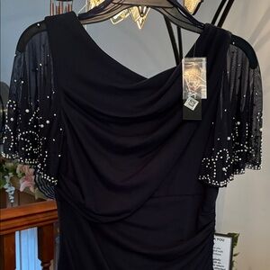 Elegant Navy Blue Dress with Beaded Sleeves